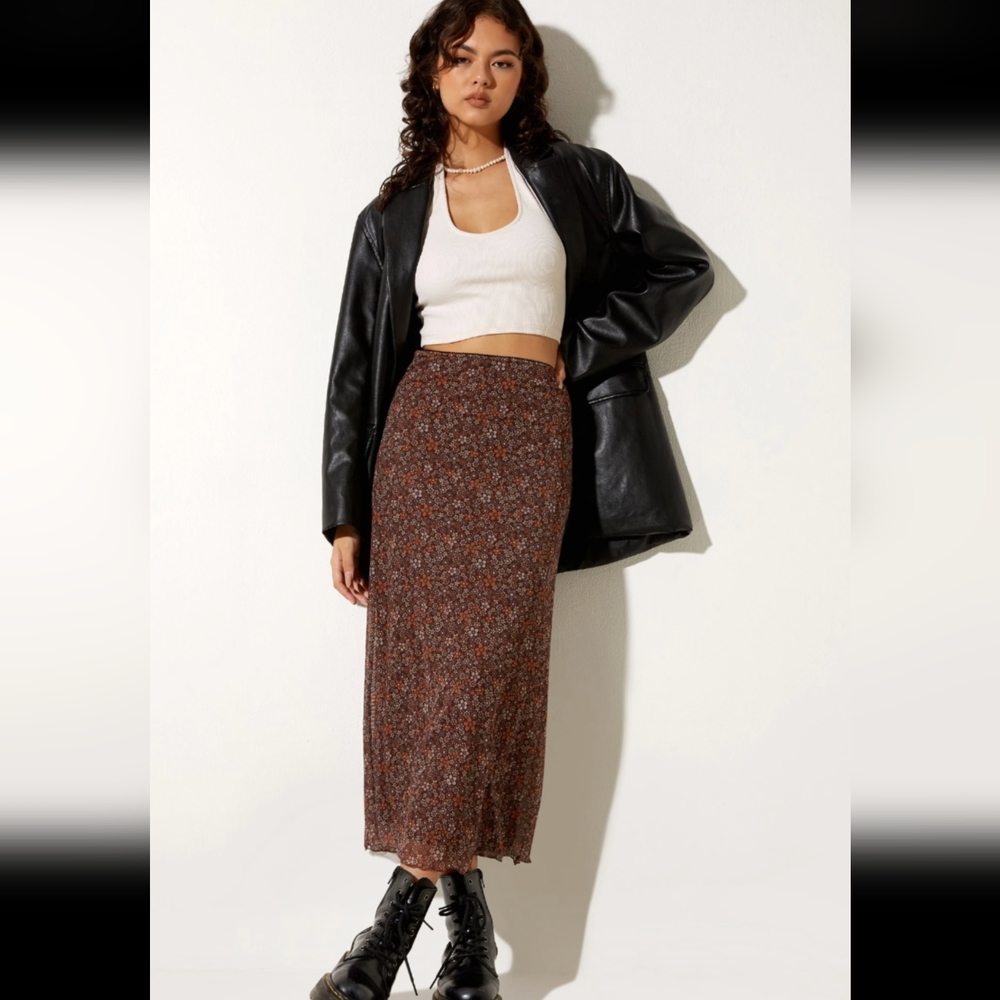 Brown floral midi skirt